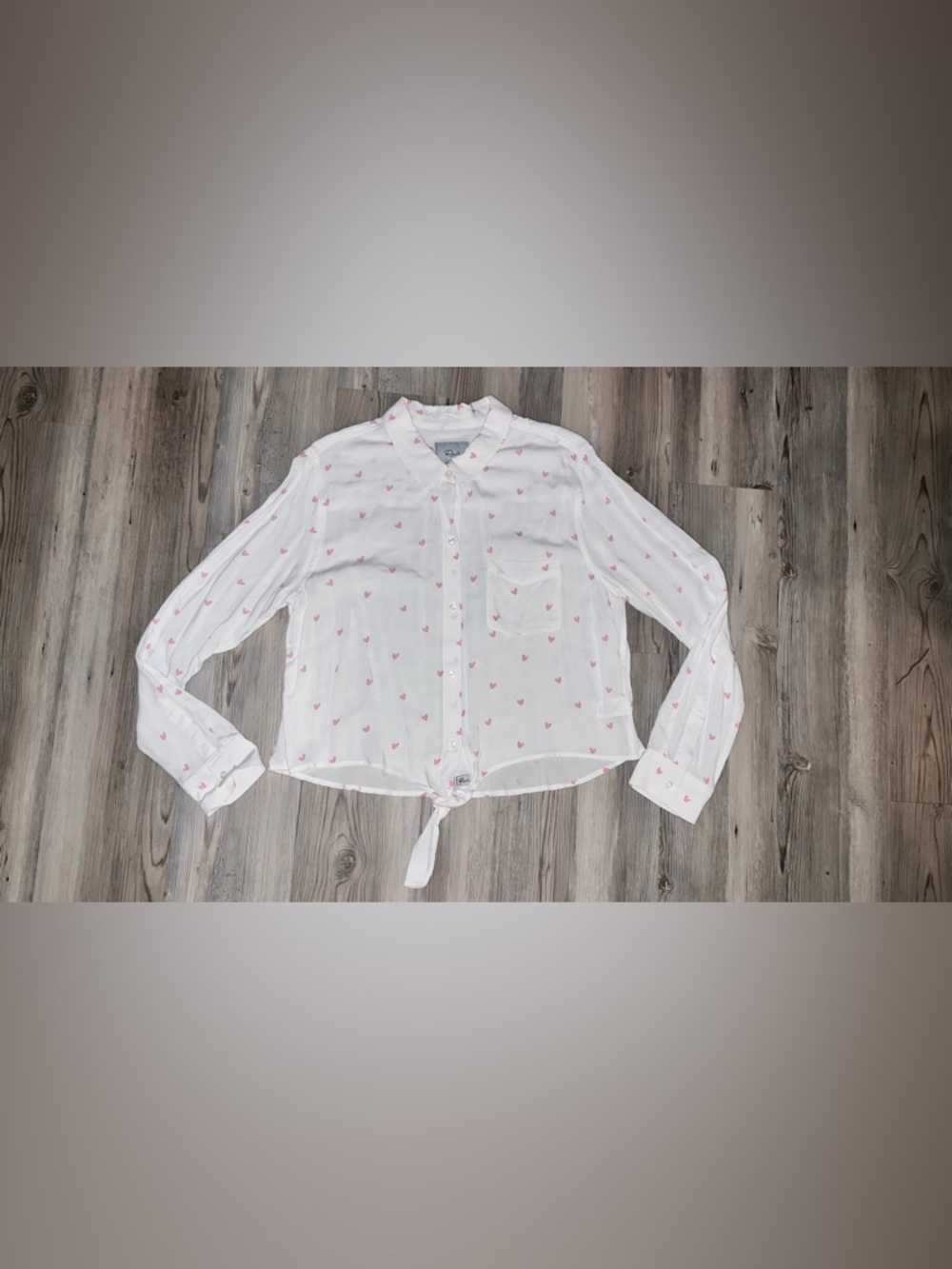 Women’s Rails Amelie Tie-Front Pink Heart Collar Button Down Large White Shirt